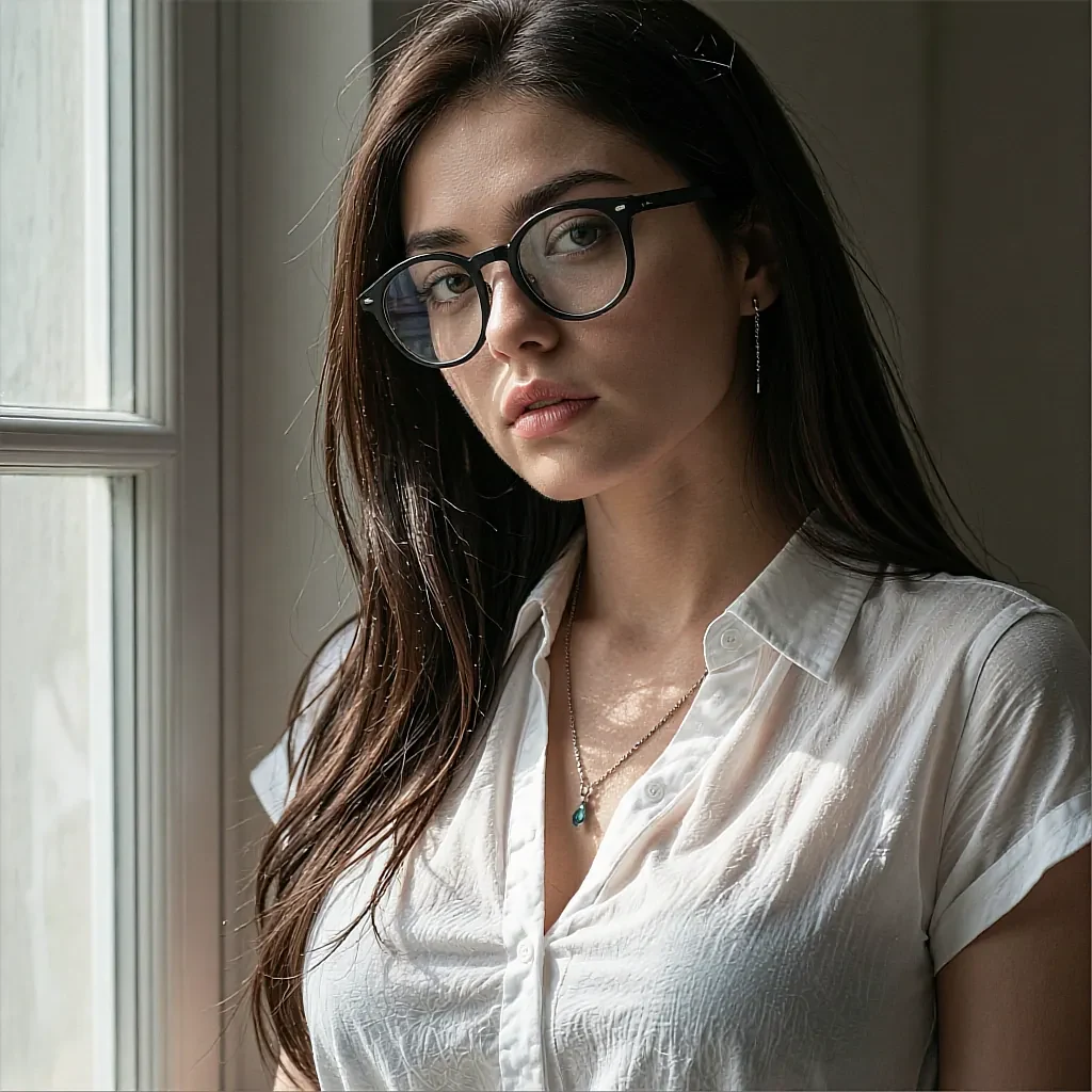 Dark-haired woman with black-framed glasses in a white shirt by a sunlit window