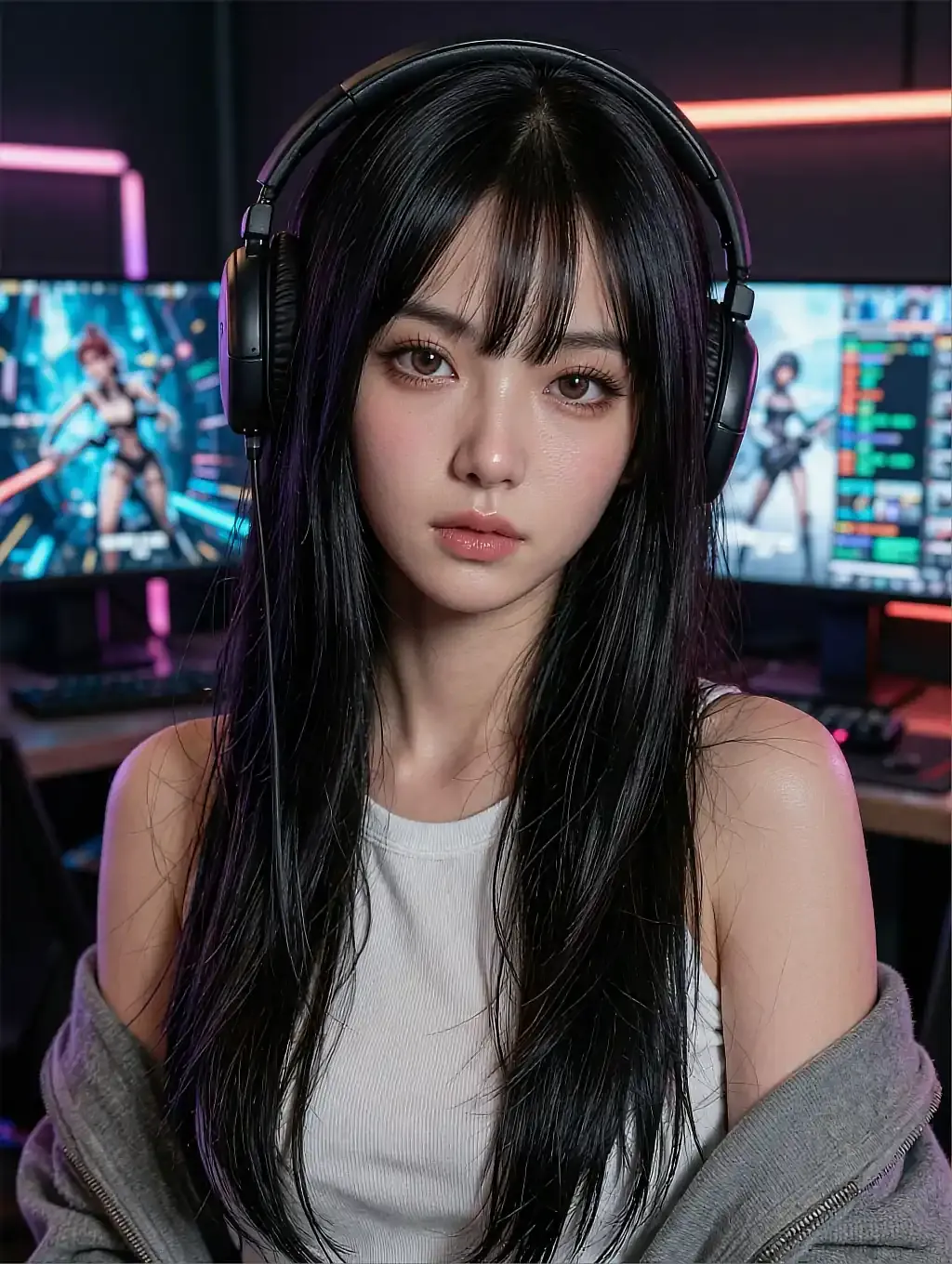 Black-haired woman wearing headphones in a white tank and grey hoodie at a gaming desk