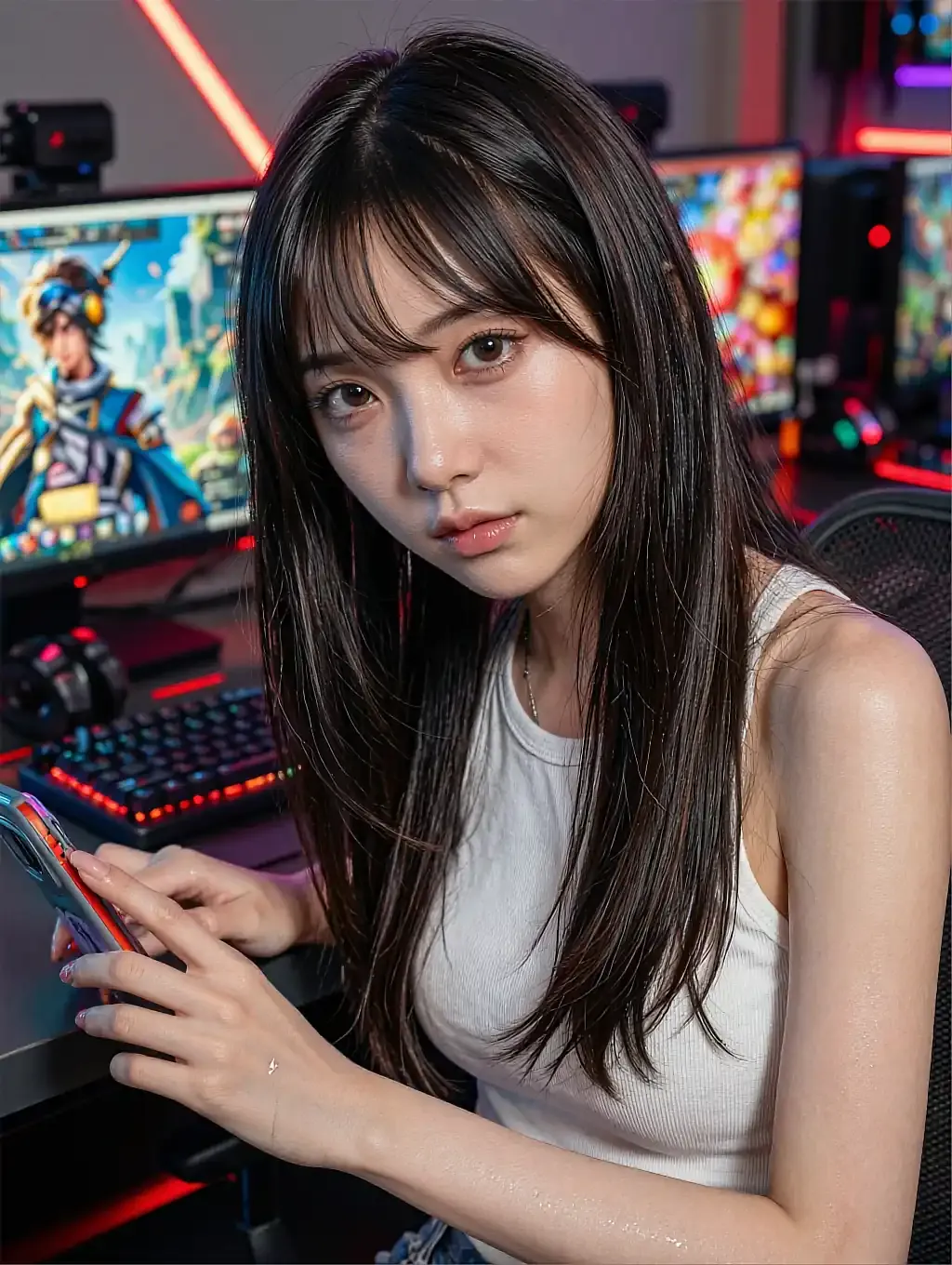 Dark-haired woman in a white tank holding a phone at a gaming desk with colorful monitors