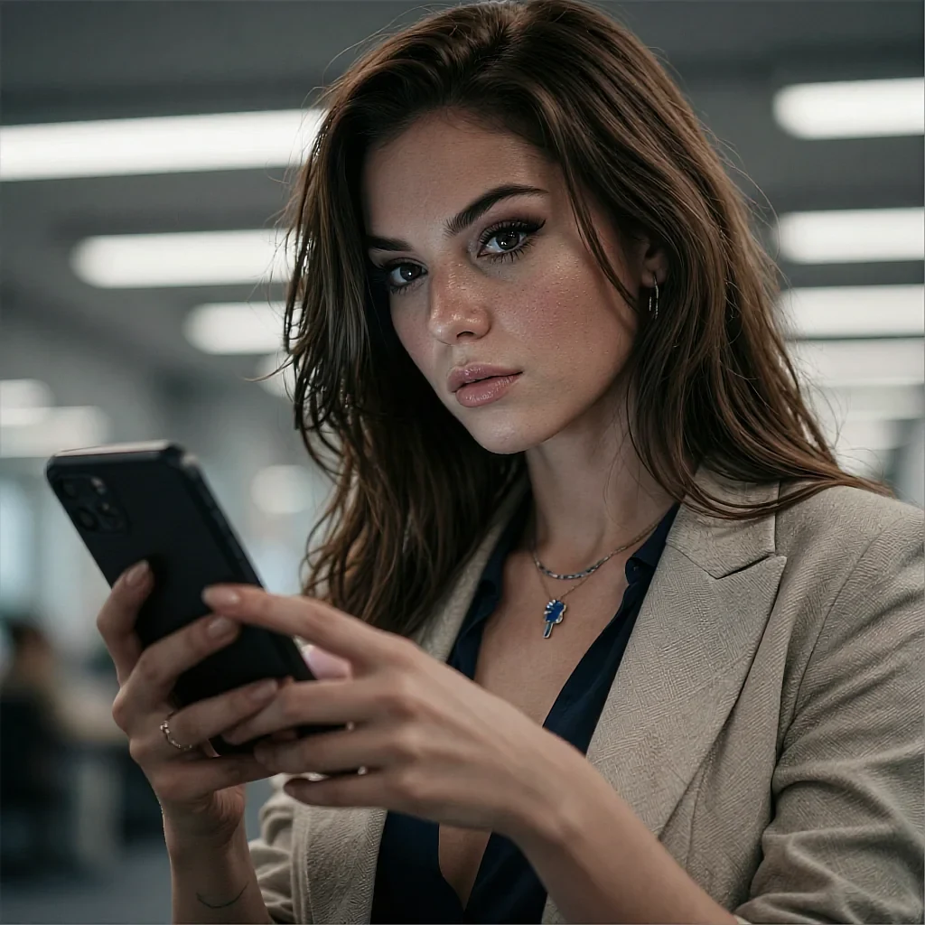 Auburn-haired woman in a beige blazer and navy blouse holding a phone in an office